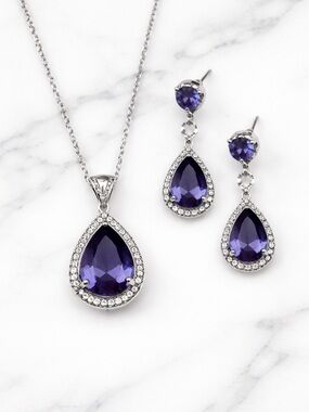 Shae Purple Teardrop Crystal Jewelry Set • Necklace & Drop Earrings• Bridal Prom